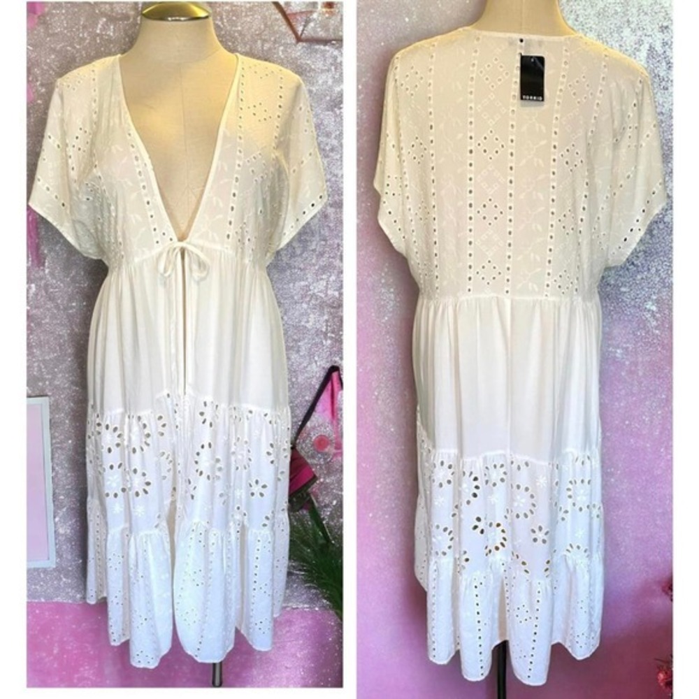 New Torrid 5 (5X 28) Open Tie Front Boho Tiered Eyelet Midi‎ Kimono Top Blouse